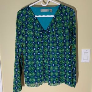 Liz Claiborne Teal, Blue & Green Geometric Tie-Neck Blouse
